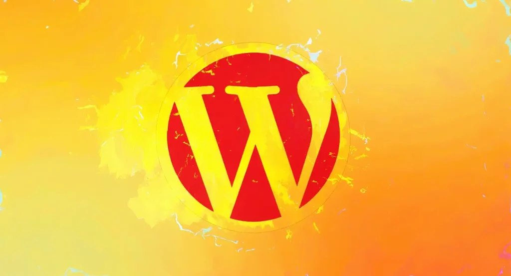 Logo WordPress stylisé sur un fond dégradé jaune et orange, symbolisant la création de sites web.
