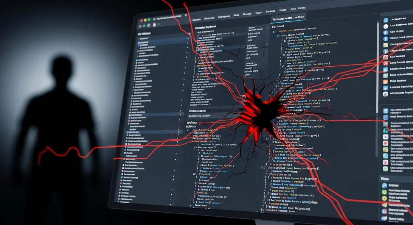 Une image représentant un site WordPress atteint par une faille de sécurité, avec une fissure visuelle et des éléments de code cassés.