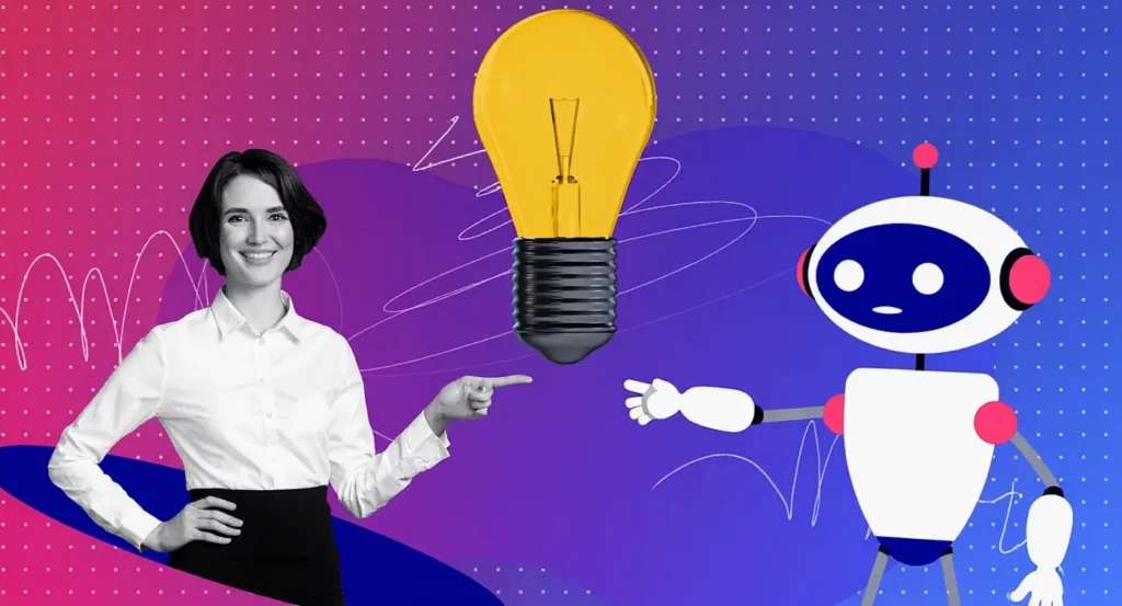 Femme souriante en chemisier blanc interagissant avec un robot, avec une ampoule illuminée en arrière-plan.