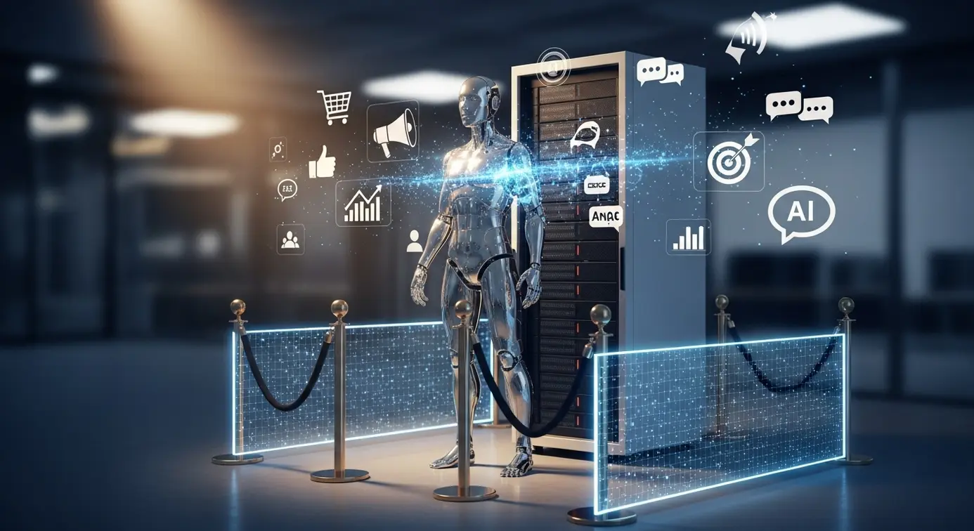 Une représentation d'une intelligence artificielle entourée de barrières, avec des éléments de marketing comme des graphiques et des icônes, illustrant ses limites et son rôle.