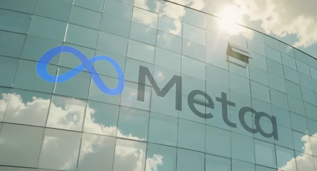 Logo de Meta sur un mur en verre, reflétant les nuages et la lumière du soleil.