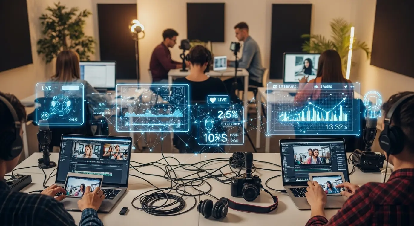 Des créateurs de contenu utilisant des appareils numériques dans un environnement moderne, avec des éléments représentant l’impact des politiques sur leur travail.