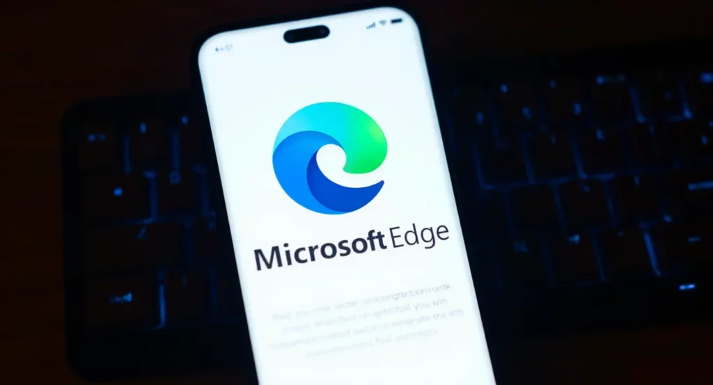 Logo de Microsoft Edge affiché sur un smartphone avec un clavier sombre en arrière-plan.