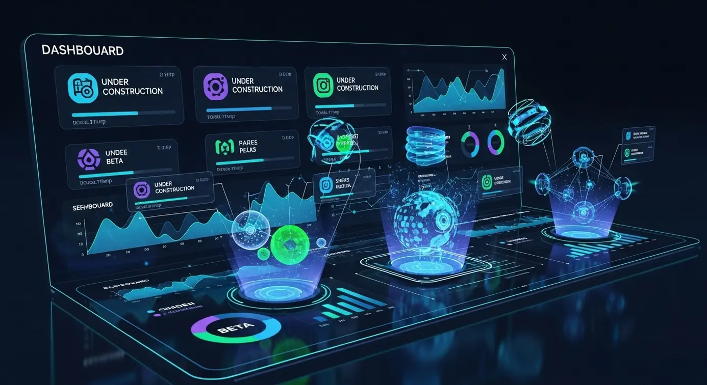 Une représentation graphique de fonctionnalités en cours de développement avec des éléments technologiques et des icônes de progrès futuristes.