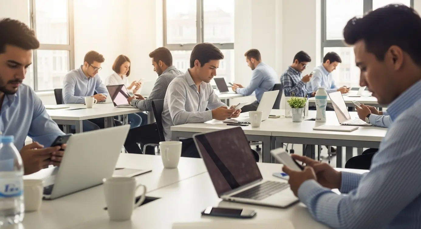 Des personnes utilisant différents appareils électroniques dans un espace de travail moderne, illustrant l'impact pratique.