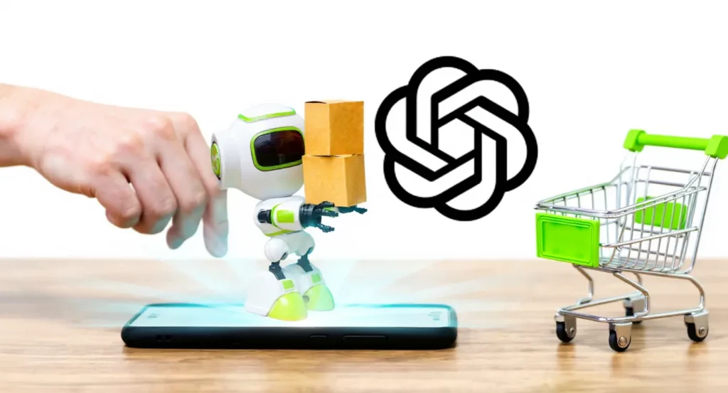 Un robot aux couleurs vives porte des paquets sur un smartphone, avec un logo OpenAI et un chariot de supermarché.