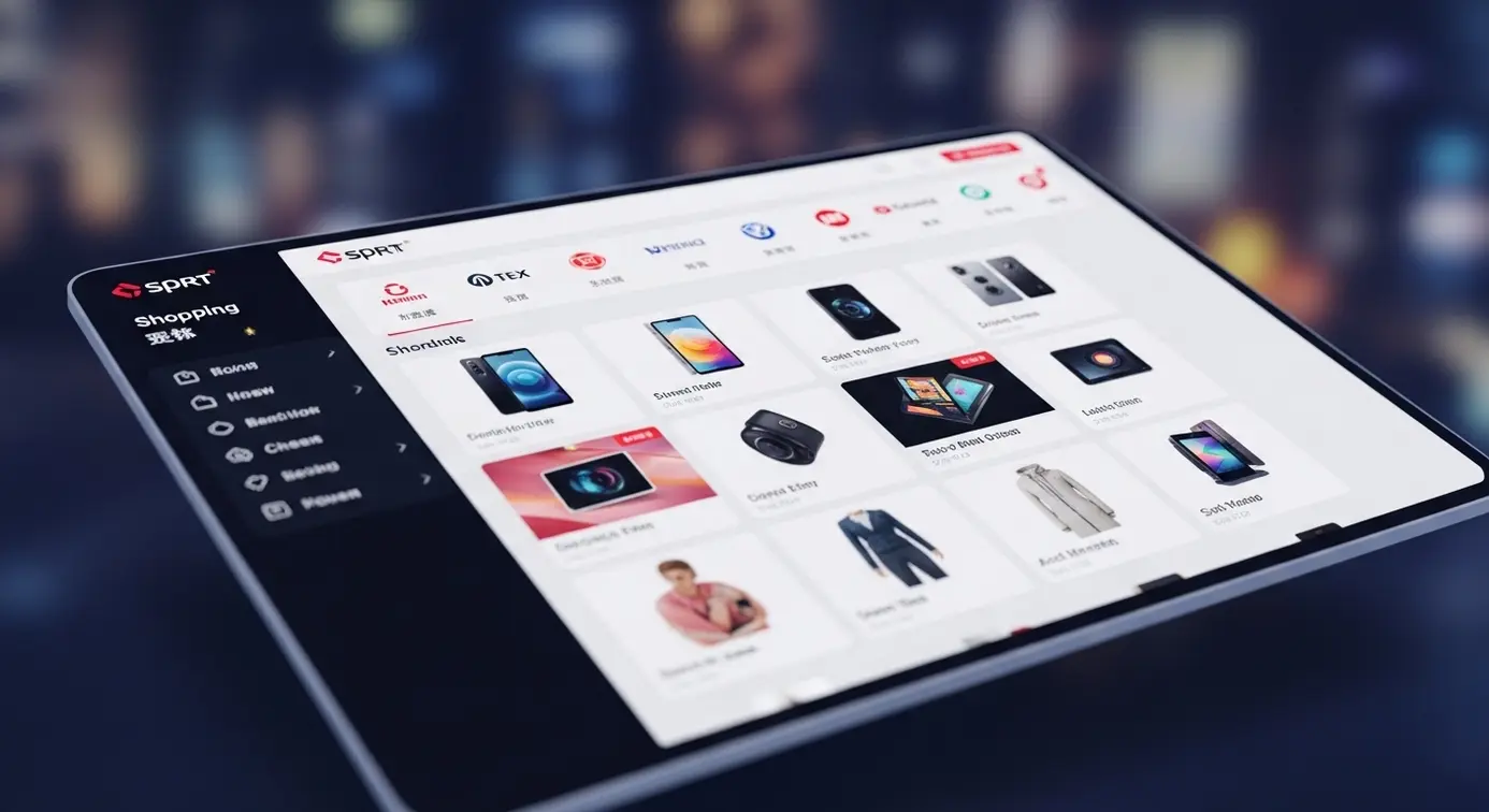 Une illustration montrant une interface de plateforme de shopping en ligne présentant divers fournisseurs et produits.