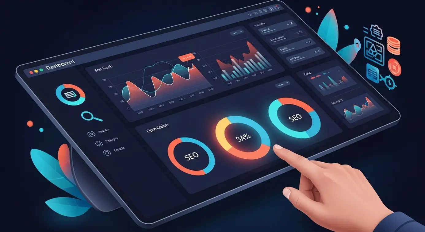 Une interface graphique affichant des graphiques et des diagrammes numériques représentant l’analyse de données pour le référencement naturel.