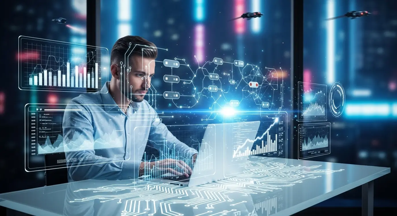 Un expert en référencement analysant des données numériques sur un ordinateur, entouré de symboles technologiques liés à l’intelligence artificielle.