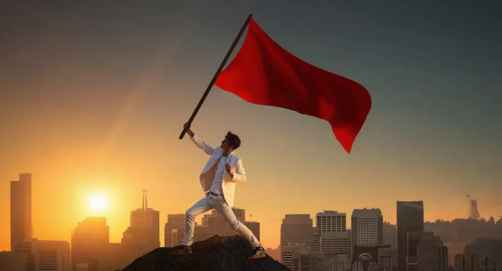 Homme en costume blanc brandissant un drapeau rouge sur un sommet avec un skyline urbain au coucher du soleil.