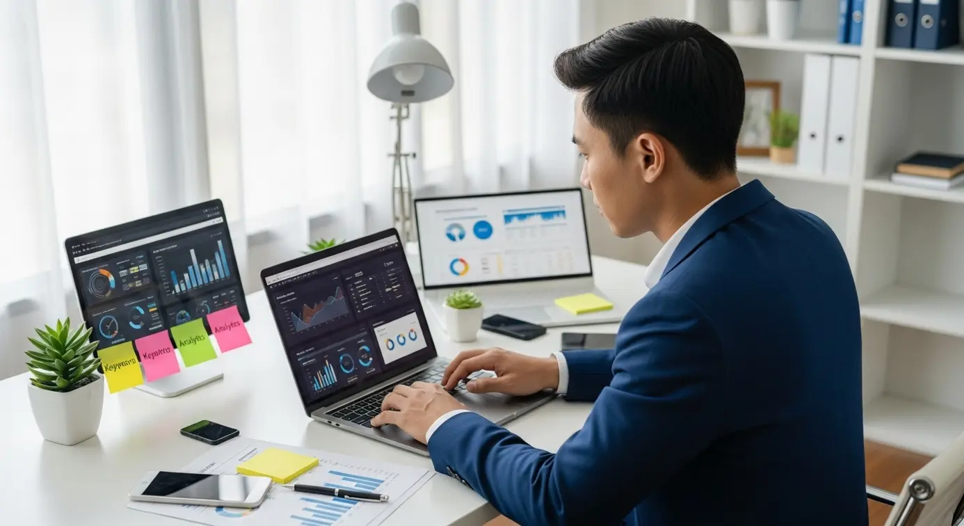 Un professionnel en train d'analyser des données numériques et des graphiques liés au référencement sur un ordinateur dans un espace de travail moderne.