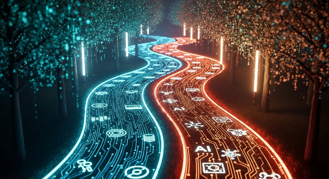 Une illustration montrant deux routes qui se séparent dans un environnement numérique, avec des symboles technologiques représentant la réflexion stratégique sur l’intelligence artificielle.