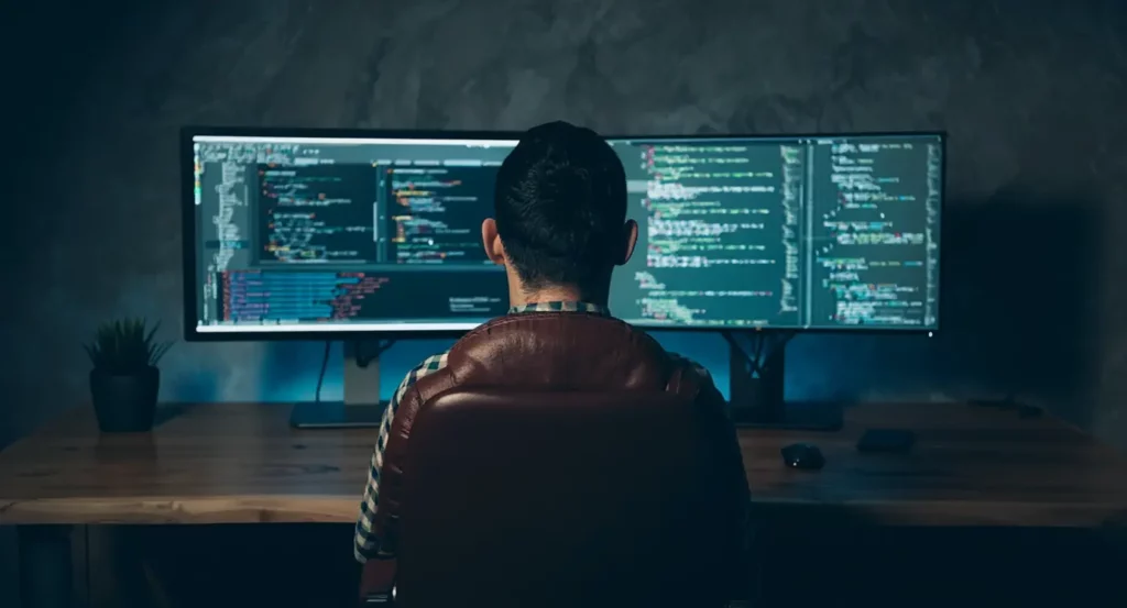 Développeur travaillant sur du code sur deux écrans, avec ambiance sombre et mobilier en bois.