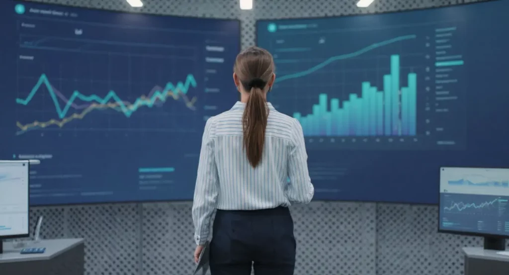 Femme en chemise rayée analysant des graphiques de données sur quatre écrans dans un bureau moderne.