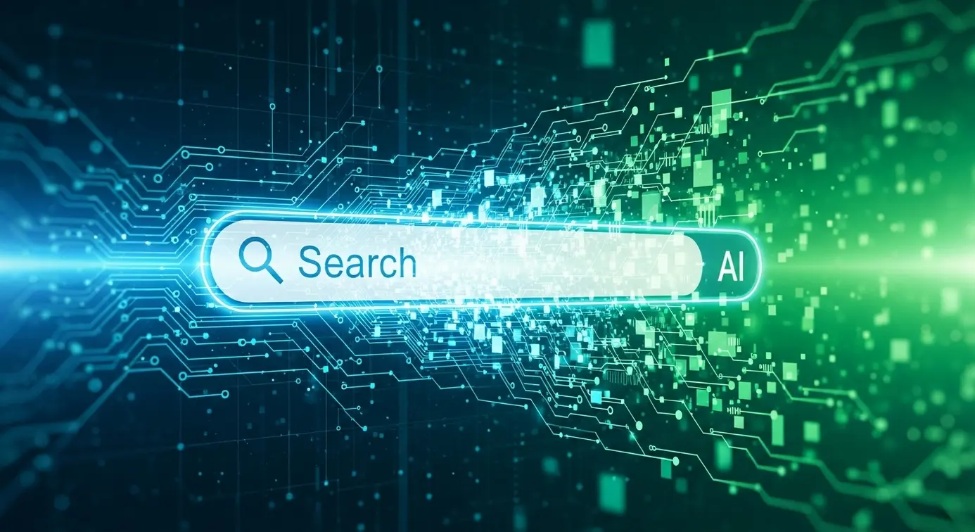 Une représentation visuelle de la transition vers l'intelligence artificielle dans le référencement, avec des éléments numériques et technologiques symbolisant l'évolution du SEO.