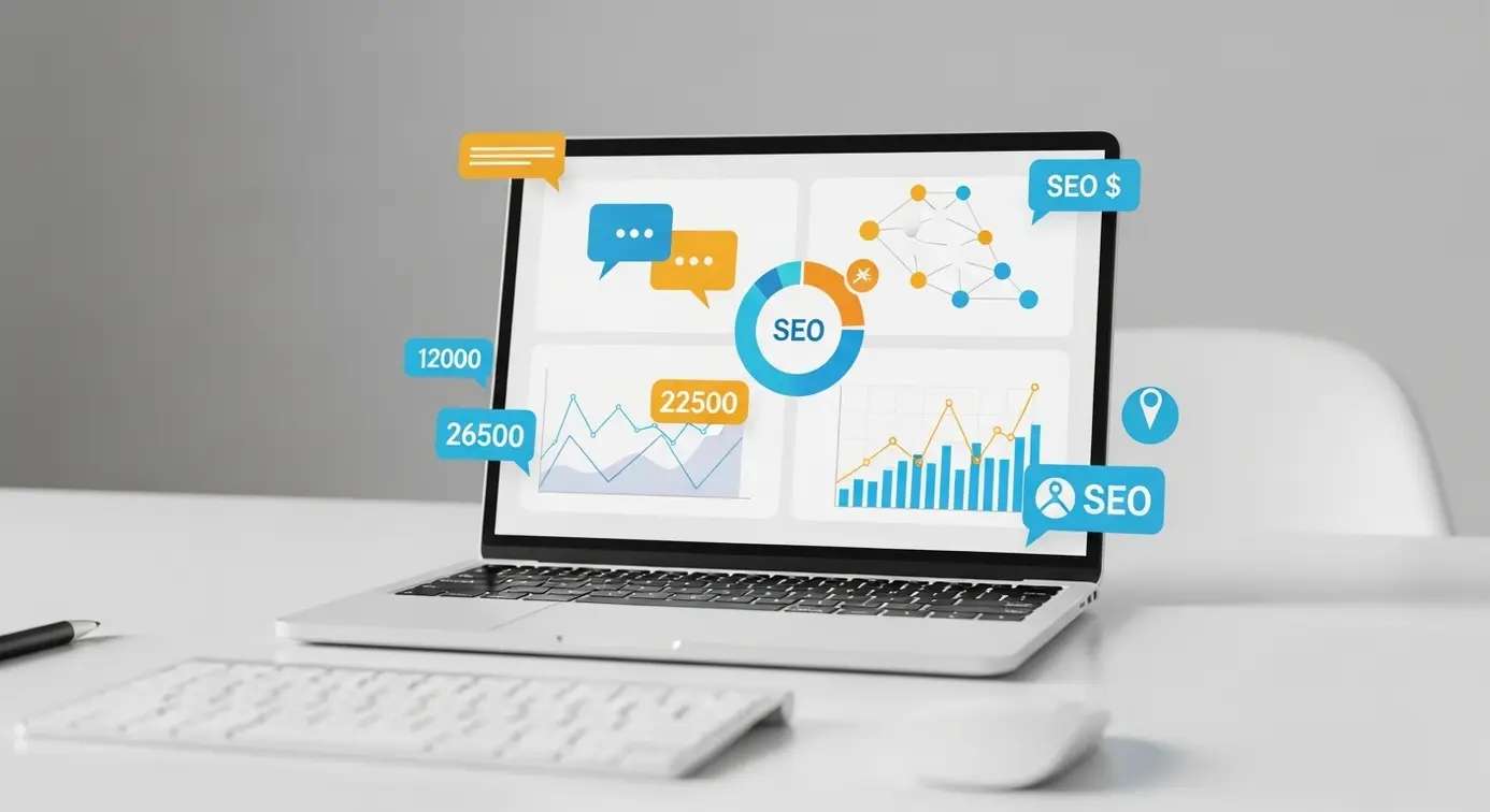 Une personne utilisant un ordinateur portable avec des graphiques et des icônes de communication pour illustrer la gestion du suivi SEO.