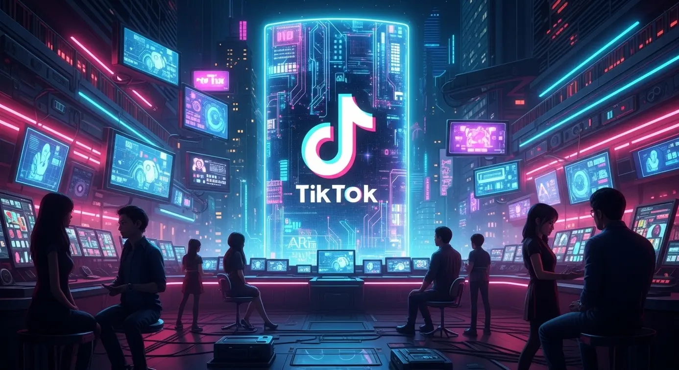 Une illustration futuriste montrant un hologramme du logo TikTok avec des personnes autour dans un environnement technologique avancé.