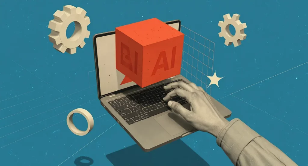 Main humanisée utilisant un ordinateur portable tandis qu'un cube "AI" flotte à l'écran, symbolisant l'intelligence artificielle.