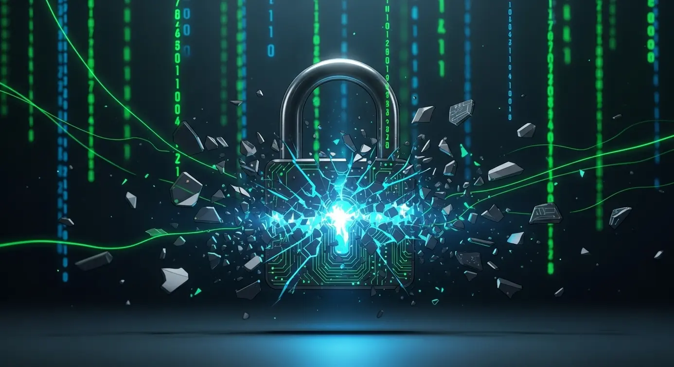Une serrure numérique fissurée devant un fond de lignes de code, représentant une vulnérabilité affectant la sécurité des applications.