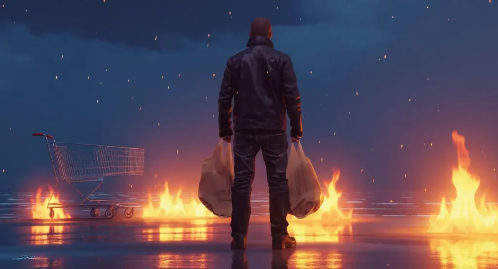 Homme en cuir portant des sacs plastiques devant un décor de flammes et un caddie abandonné dans un environnement sombre.