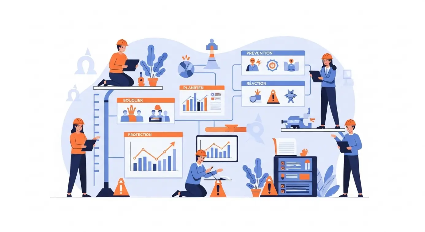 Une scène illustrant des personnes planifiant des mesures de prévention et de mitigation à côté d’un tableau de gestion des risques avec des icônes et graphiques.