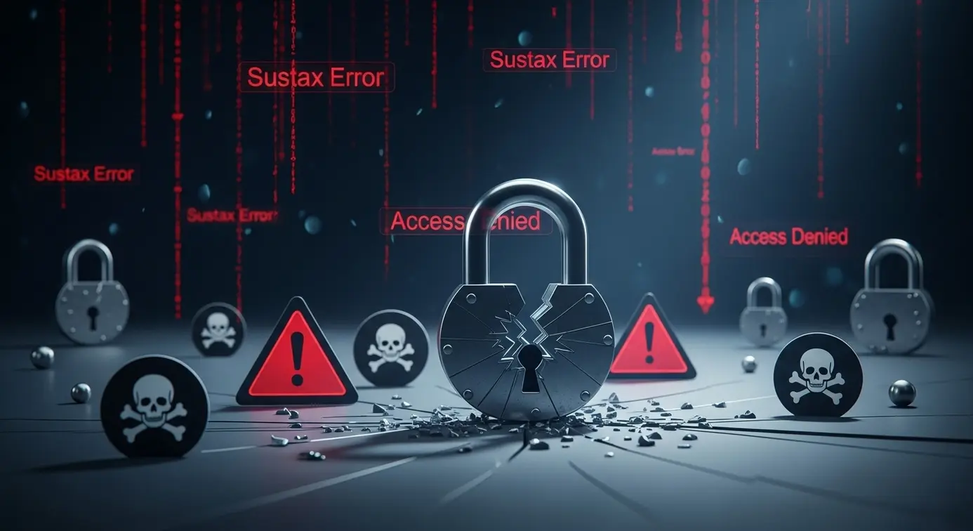 Une représentation d’un site web avec des signes de vulnérabilité, tels qu’une serrure cassée et des codes défectueux en arrière-plan.