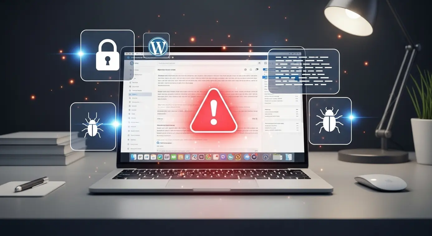 Un ordinateur portable montrant un site WordPress avec des symboles d'alerte et de menaces informatiques autour, illustrant les risques liés à l'utilisation de l'intelligence artificielle.
