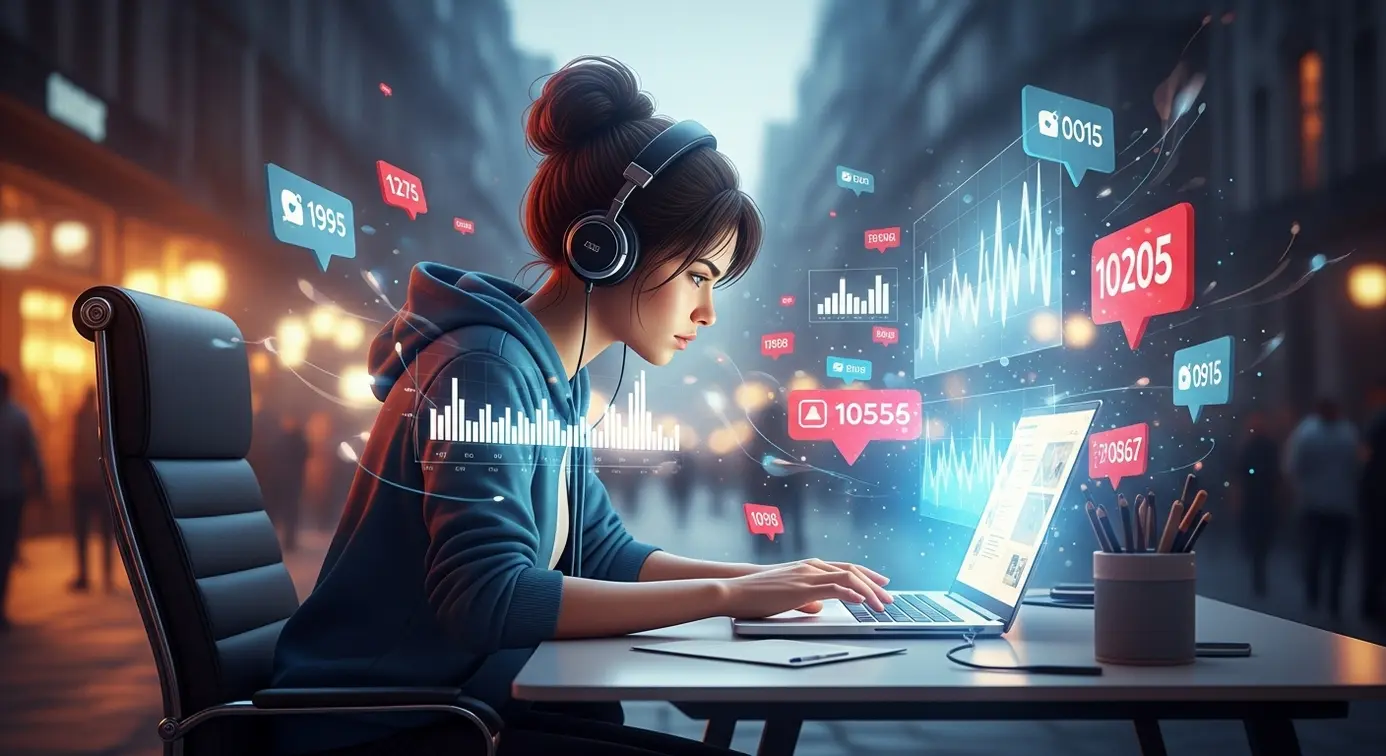 Un créateur de contenu travaillant sur son ordinateur avec des icônes de notifications, commentaires et graphiques de données représentant les effets et défis liés à son activité.