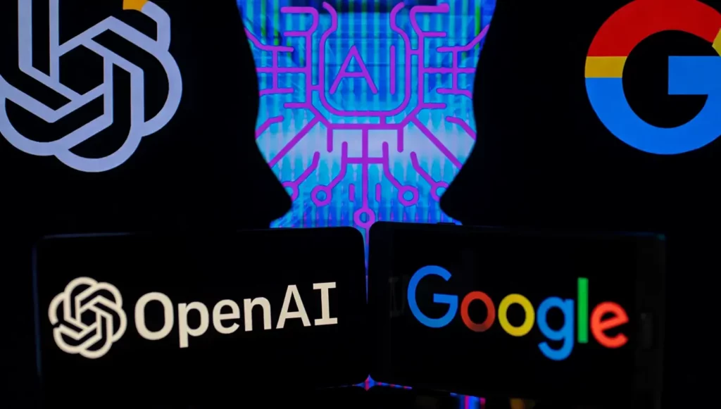 Logos d'OpenAI et Google avec un motif d'IA coloré en arrière-plan, symbolisant la technologie et l'innovation.