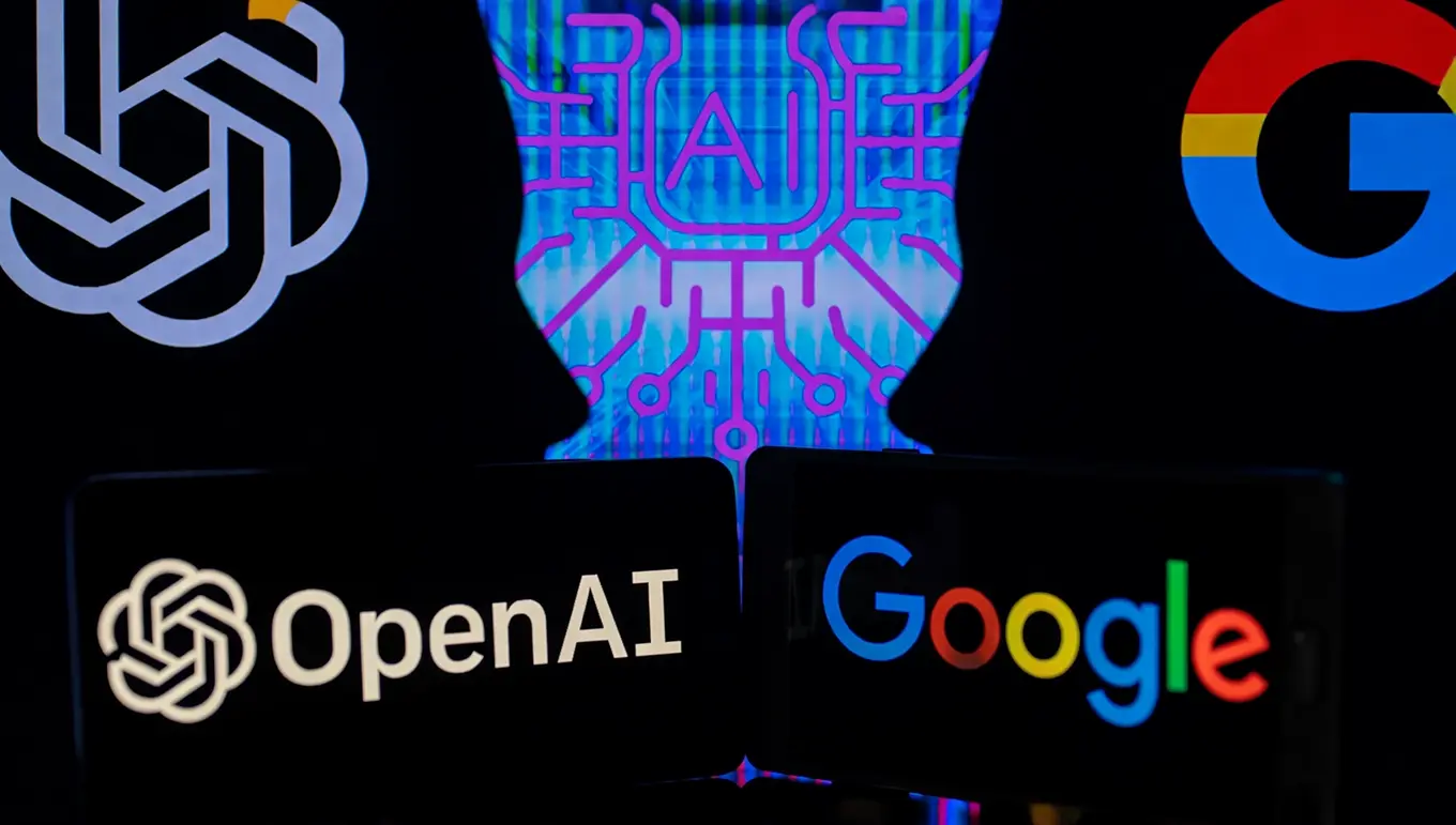 Logos d'OpenAI et Google avec un motif d'IA coloré en arrière-plan, symbolisant la technologie et l'innovation.
