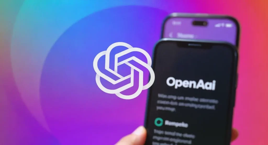 Logo d'OpenAI sur un smartphone affichant l'application dans un fond coloré dégradé.