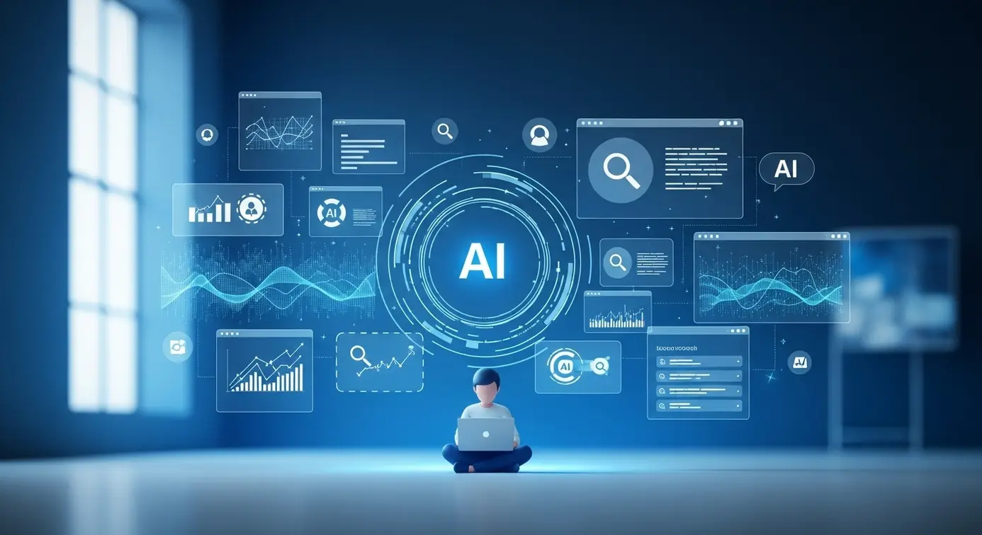 Une personne utilisant un ordinateur avec des écrans affichant des icônes et flux de données liés à l'intelligence artificielle pour rechercher des informations.