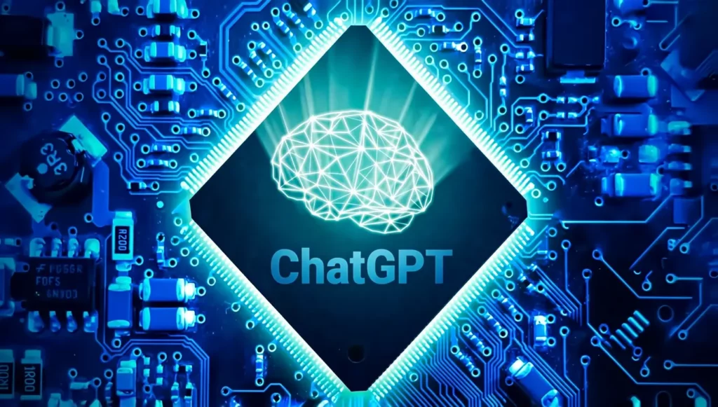 Circuit imprimé bleu avec un cerveau stylisé en filigrane et le logo "ChatGPT" au centre.