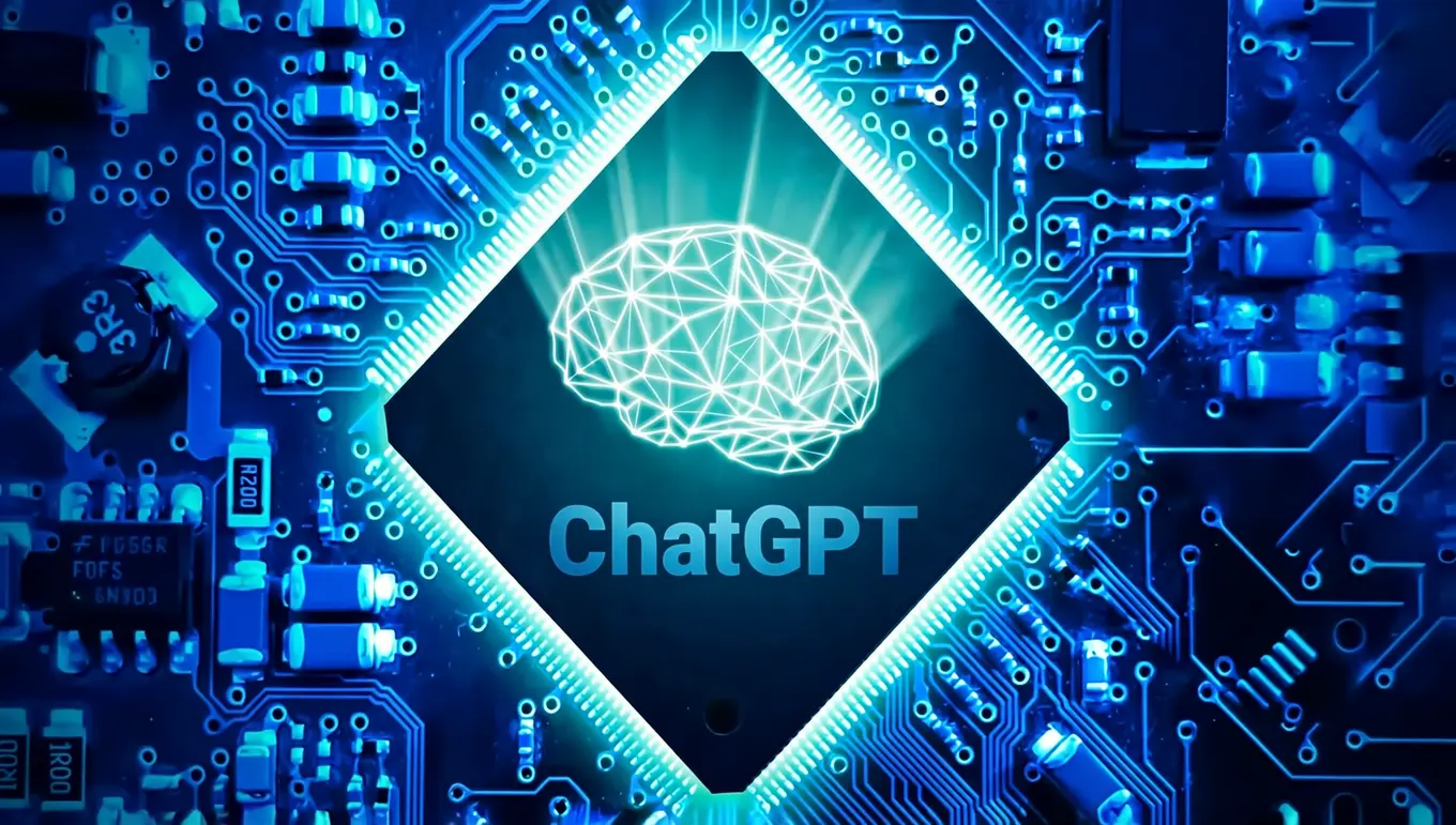 Circuit imprimé bleu avec un cerveau stylisé en filigrane et le logo "ChatGPT" au centre.
