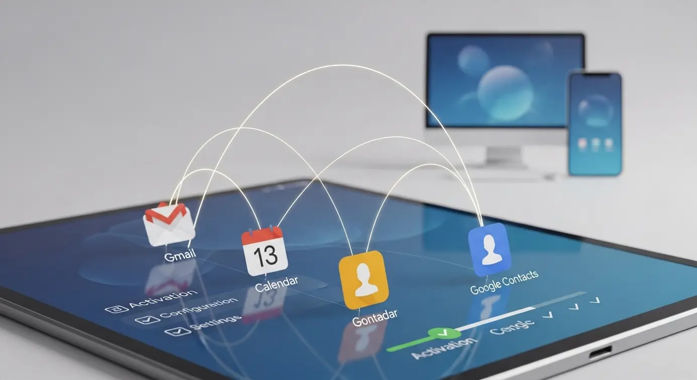 Une image montrant des icônes de Gmail, Google Agenda et Contacts reliées à un appareil numérique, illustrant le processus de configuration des connecteurs.