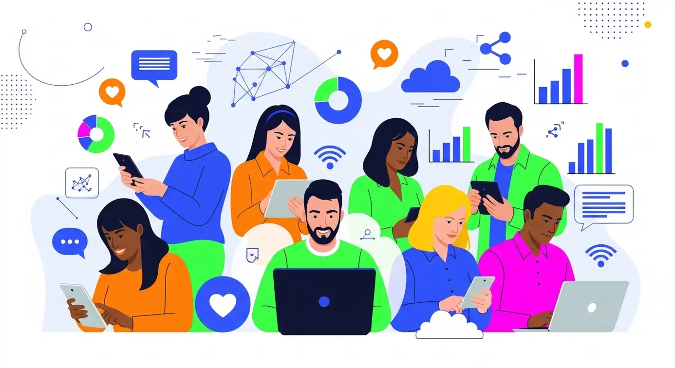 Groupe de personnes utilisant des appareils numériques, entouré de représentations graphiques de tendances en ligne