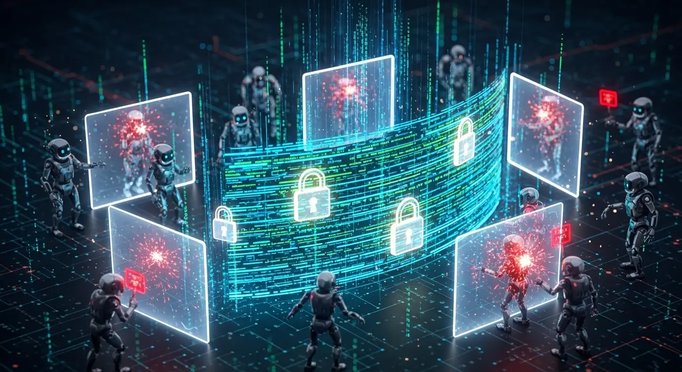 Une représentation graphique montrant des robots ou programmes informatiques bloqués par des barrières numériques, symbolisant des règles de sécurité strictes.