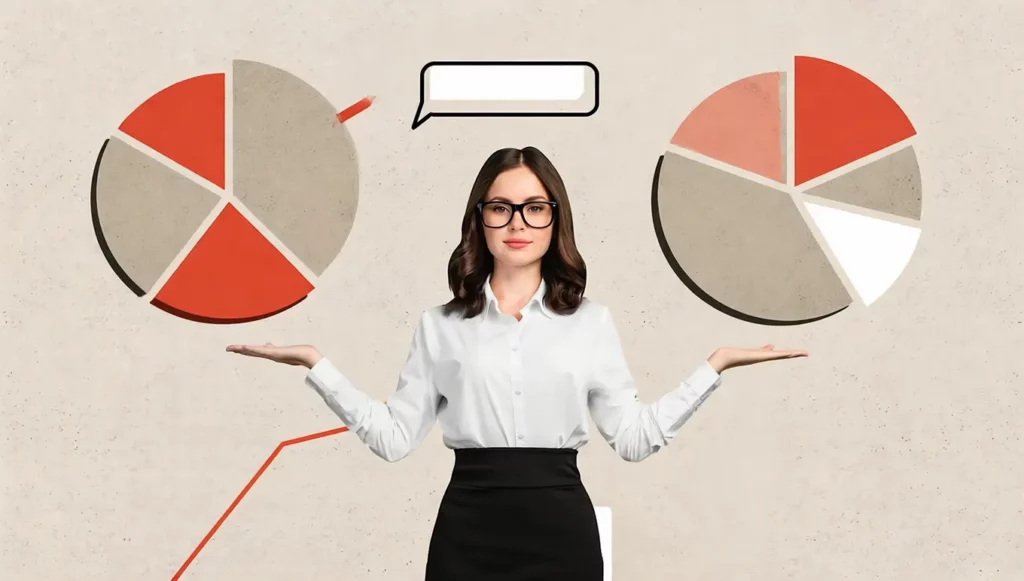 Femme en chemise blanche et lunettes présentant des graphiques circulaires colorés sur fond neutre.
