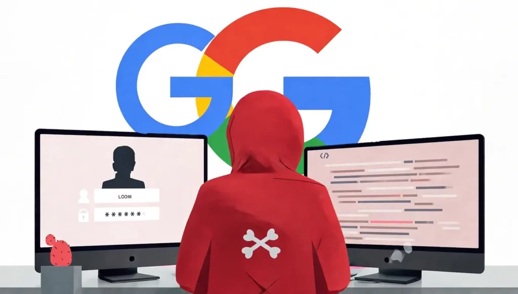 Un hacker en sweat à capuche rouge, devant des ordinateurs, tente d'accéder à un compte Google.