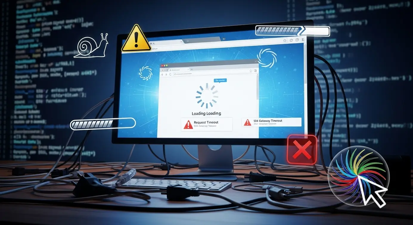 Une représentation visuelle de composants techniques défectueux affectant la vitesse et la performance d'un site web.