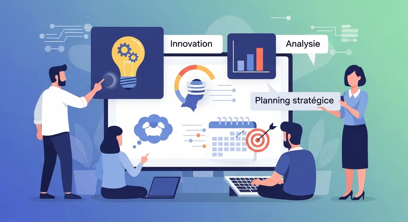 Une représentation graphique d’utilisateurs français interagissant avec des éléments digitaux liés à la stratégie et à l’innovation.