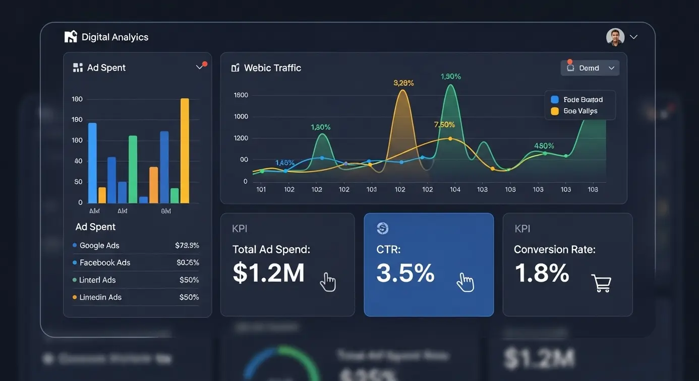 Un tableau de bord numérique avec des graphiques et des indicateurs illustrant l'analyse avancée de performances marketing.