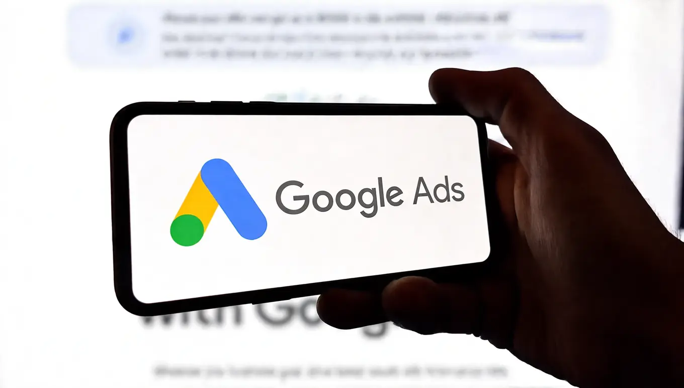 Logo de Google Ads affiché sur un smartphone, représentant la publicité en ligne et le marketing digital.