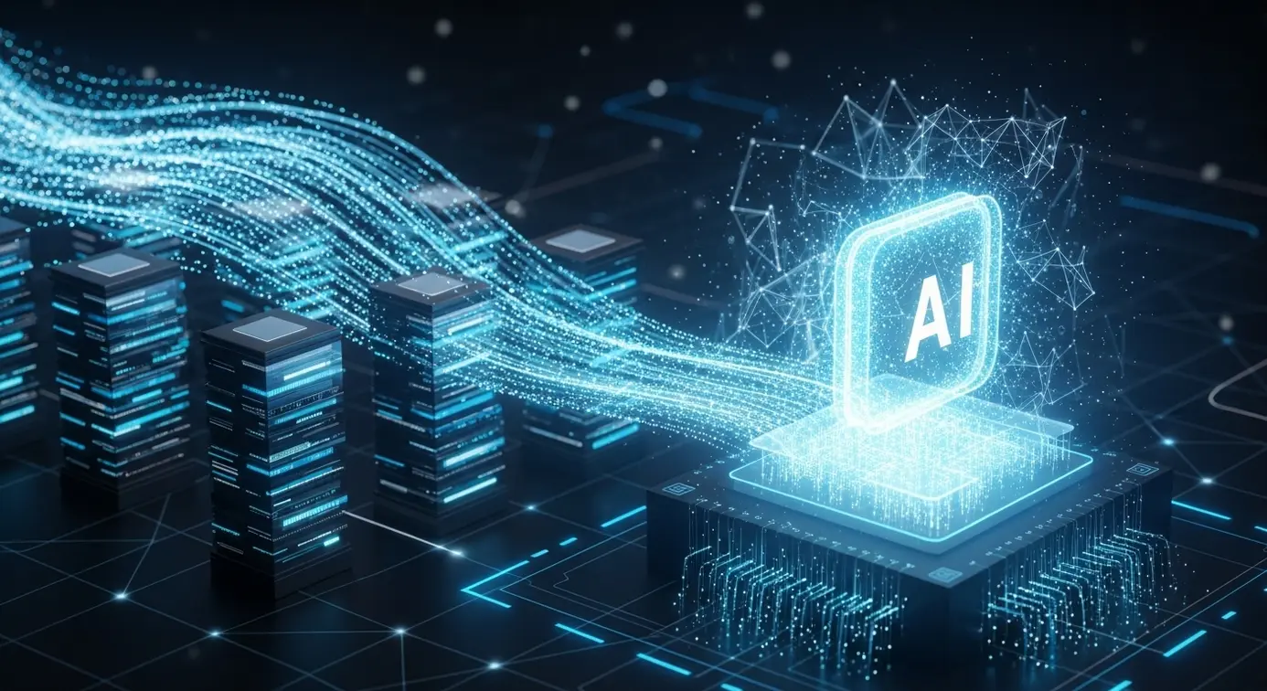 Représentation d'un moteur de recherche avec des flux de données entrant dans une intelligence artificielle pour illustrer ses fonctionnalités et son fonctionnement.