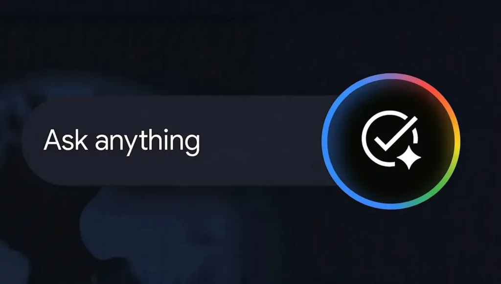 Texte d'interface "Ask anything" avec une icône de validation dans un fond sombre, pour un outil interactif.