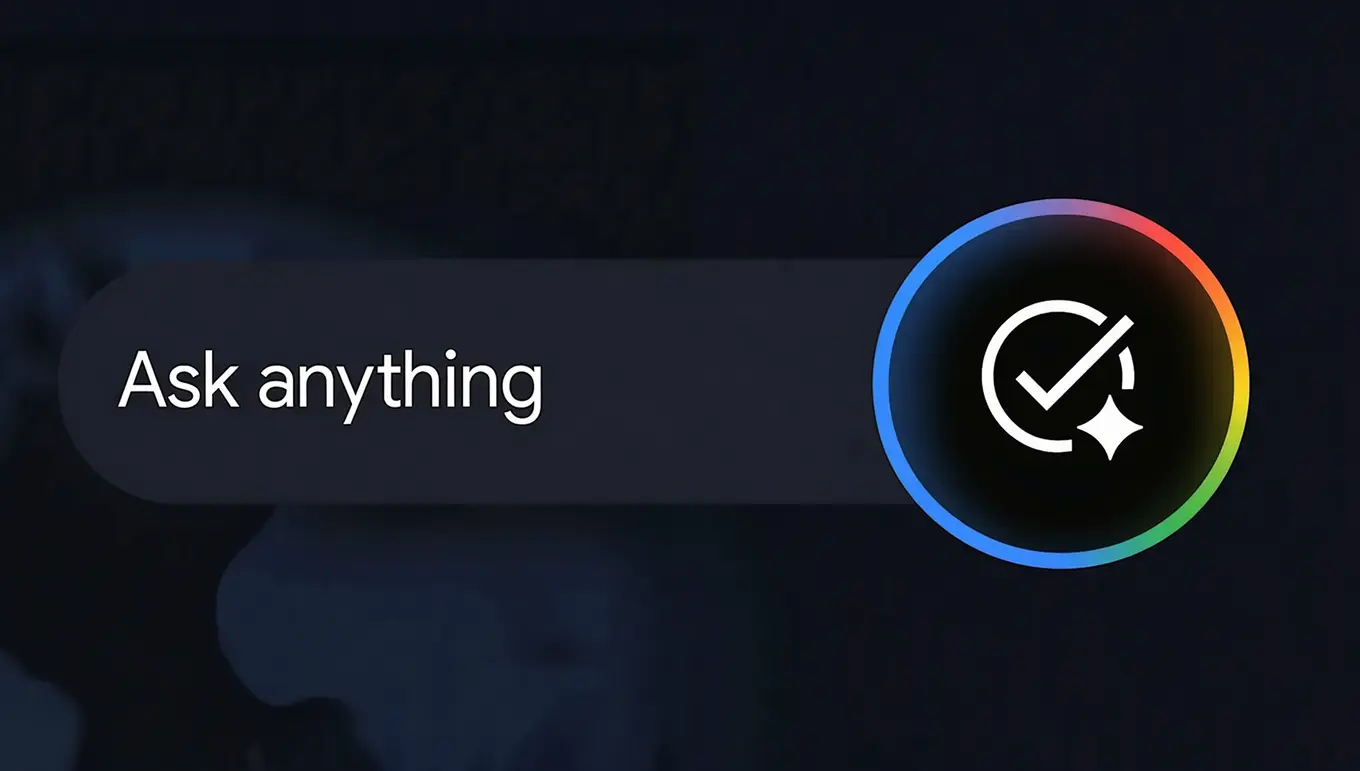 Texte d'interface "Ask anything" avec une icône de validation dans un fond sombre, pour un outil interactif.