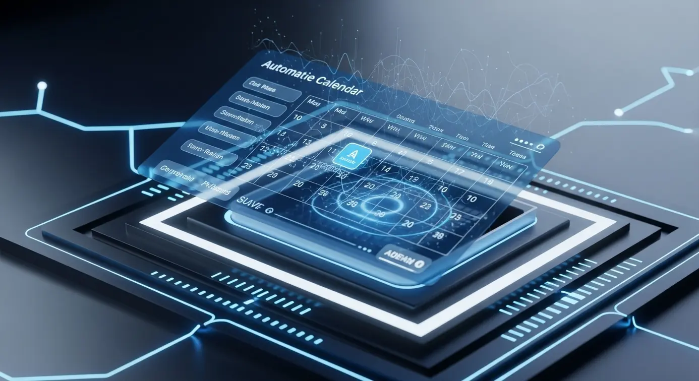 Une représentation visuelle d'une plateforme de réservation automatisée avec un calendrier numérique et des éléments évoquant l'intelligence artificielle.