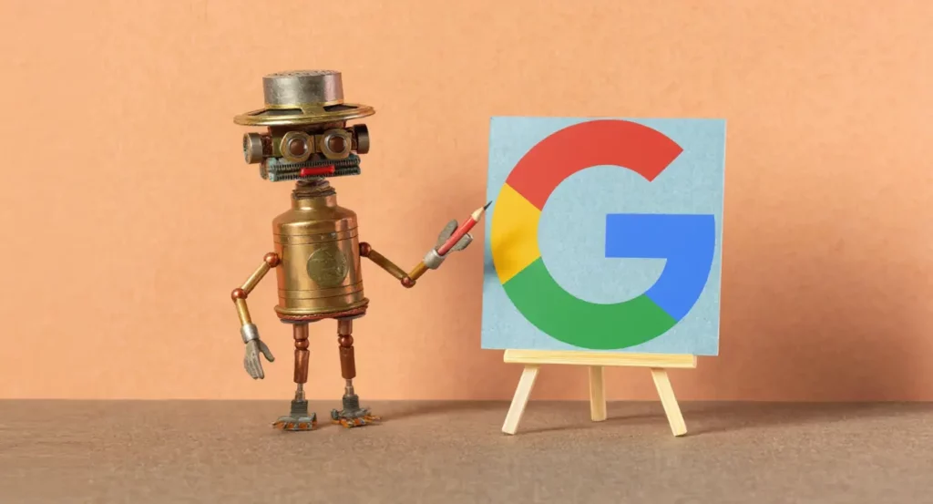 Robot vintage avec chapeau montrant le logo coloré de Google sur un chevalet, fond orange.