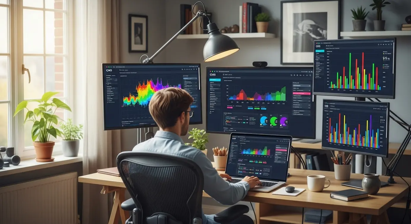 Un professionnel du web travaillant sur un ordinateur avec des graphiques et des outils de gestion en arrière-plan.