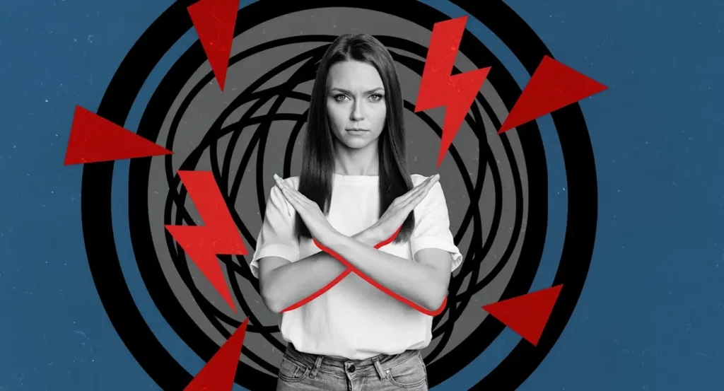 Femme faisant un geste de refus avec un fond graphique dynamique, représentant la force et la détermination.